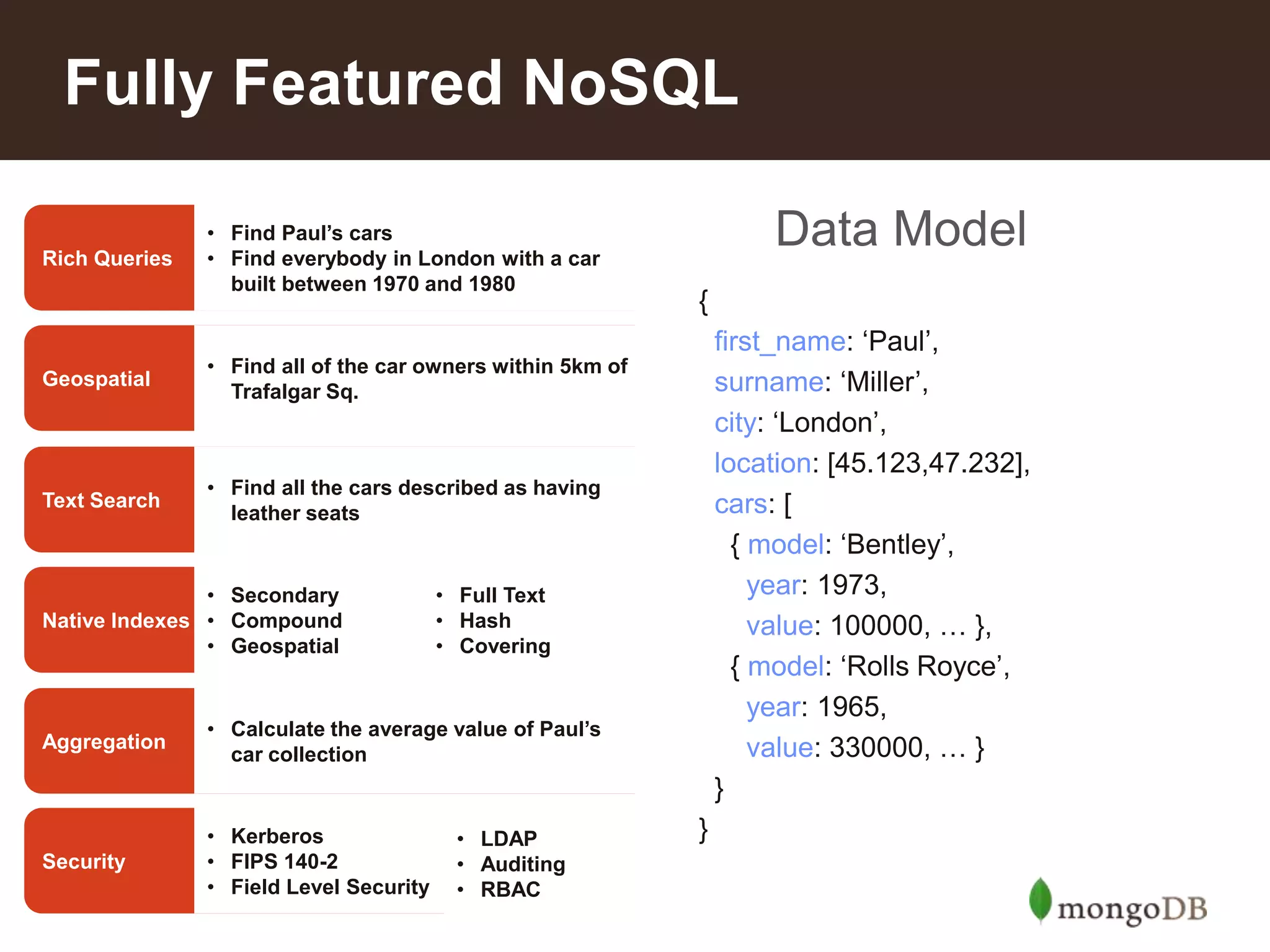 6
Fully Featured NoSQL
Data Model
{
first_name: ‘Paul’,
surname: ‘Miller’,
city: ‘London’,
location: [45.123,47.232],
cars: [
{ model: ‘Bentley’,
year: 1973,
value: 100000, … },
{ model: ‘Rolls Royce’,
year: 1965,
value: 330000, … }
}
}
Rich Queries
• Find Paul’s cars
• Find everybody in London with a car
built between 1970 and 1980
Geospatial
• Find all of the car owners within 5km of
Trafalgar Sq.
Text Search
• Find all the cars described as having
leather seats
Aggregation
• Calculate the average value of Paul’s
car collection
Native Indexes
• Secondary
• Compound
• Geospatial
• Full Text
• Hash
• Covering
Security
• Kerberos
• FIPS 140-2
• Field Level Security
• LDAP
• Auditing
• RBAC
 