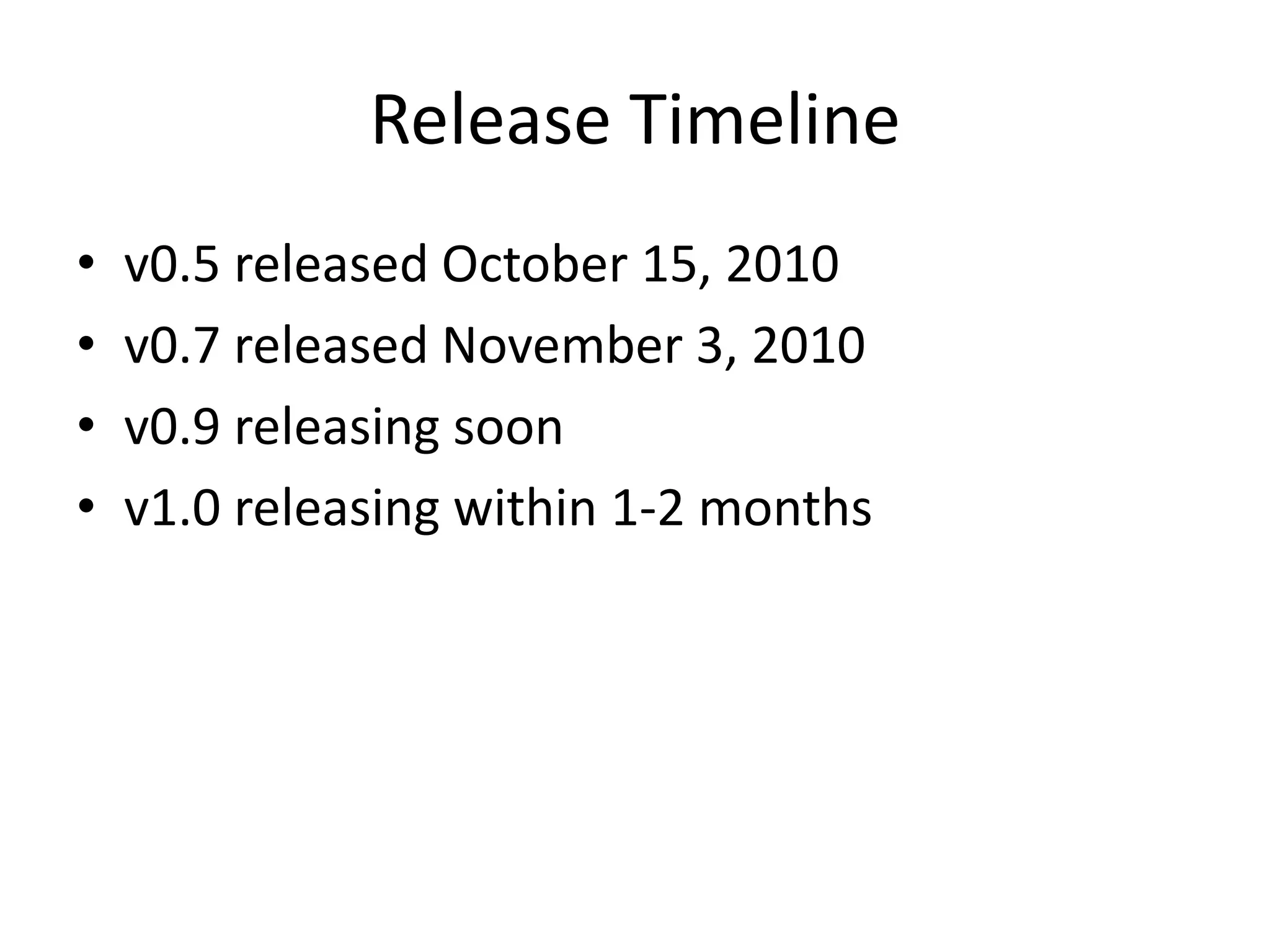 Release Timelinev0.5 released October 15, 2010v0.7 released November 3, 2010v0.9 releasing soonv1.0 releasing within 1-2 months