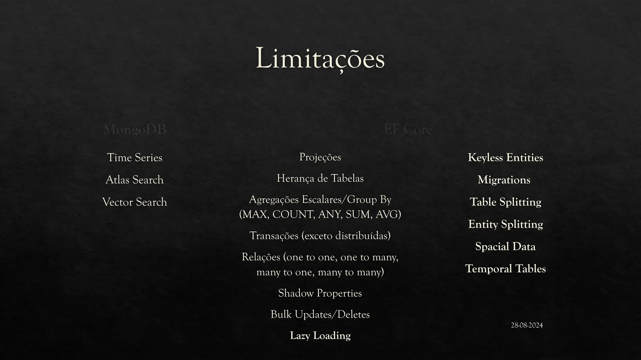Limitações
MongoDB
Time Series
Atlas Search
Vector Search
EF Core
Projeções
Herança de Tabelas
Agregações Escalares/Group By
(MAX, COUNT, ANY, SUM, AVG)
Transações (exceto distribuídas)
Relações (one to one, one to many,
many to one, many to many)
Shadow Properties
Bulk Updates/Deletes
Lazy Loading
Keyless Entities
Migrations
Table Splitting
Entity Splitting
Spacial Data
Temporal Tables
28-08-2024
 