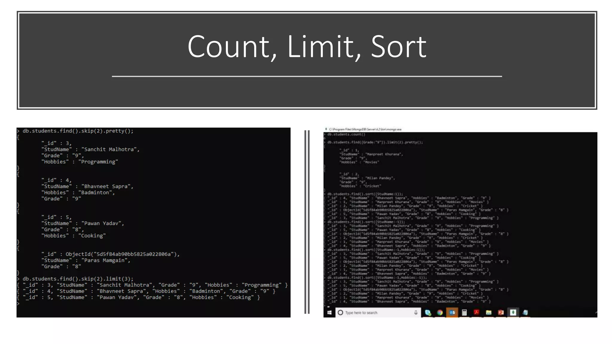 Count, Limit, Sort
 
