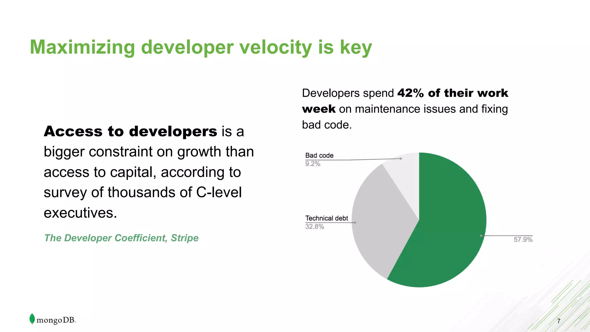 7
Maximizing developer velocity is key
Access to developers is a
bigger constraint on growth than
access to capital, according to
survey of thousands of C-level
executives.
The Developer Coefficient, Stripe
Developers spend 42% of their work
week on maintenance issues and fixing
bad code.
 