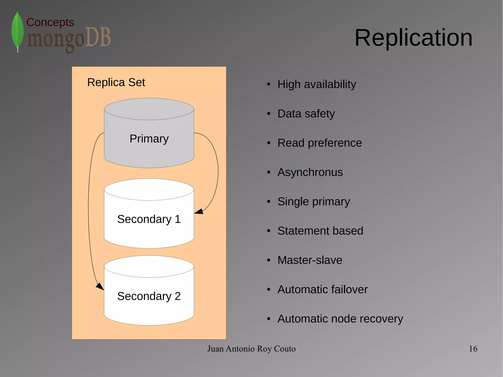 Replica Set ● High availability 
Juan Antonio Roy Couto 16 
Concepts 
Replication 
Primary 
Secondary 1 
Secondary 2 
● Data safety 
● Read preference 
● Asynchronus 
● Single primary 
● Statement based 
● Master-slave 
● Automatic failover 
● Automatic node recovery 
 