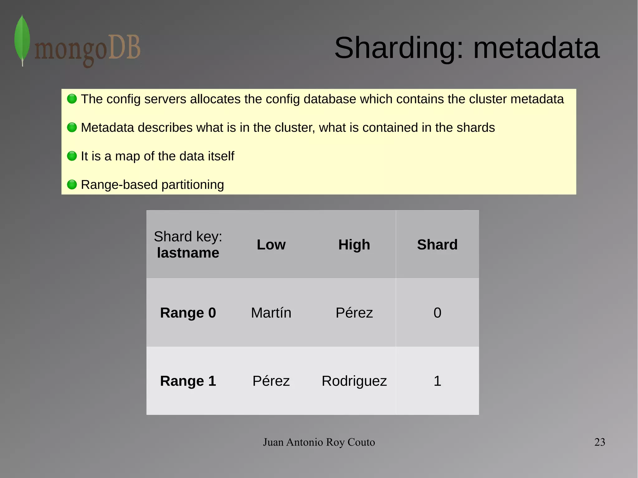 Sharding: metadata 
The config servers allocates the config database which contains the cluster metadata 
Metadata describes what is in the cluster, what is contained in the shards 
It is a map of the data itself 
Range-based partitioning 
Shard key: 
lastname Low High Shard 
Range 0 Martín Pérez 0 
Range 1 Pérez Rodriguez 1 
Juan Antonio Roy Couto 23 
 