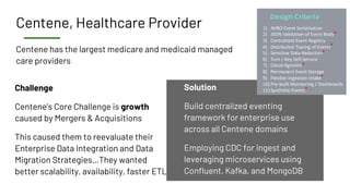 Centene, Healthcare Provider
Centene has the largest medicare and medicaid managed
care providers
Challenge
Centene’s Core Challenge is growth
caused by Mergers & Acquisitions
This caused them to reevaluate their
Enterprise Data Integration and Data
Migration Strategies…They wanted
better scalability, availability, faster ETL
Solution
Build centralized eventing
framework for enterprise use
across all Centene domains
Employing CDC for ingest and
leveraging microservices using
Confluent, Kafka, and MongoDB
 