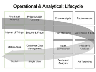 Operational & Analytical: Lifecycle 
First-Level 
Analytics 
Internet of Things 
Mobile Apps 
Social 
Product/Asset 
Catalog 
Security & Fraud 
Customer Data 
Management 
Single View 
Churn Analysis 
Risk Modeling 
Trade 
Surveillance 
Sentiment 
Analysis 
Recommender 
Warehouse & ETL 
Predictive 
Analytics 
Ad Targeting 
 