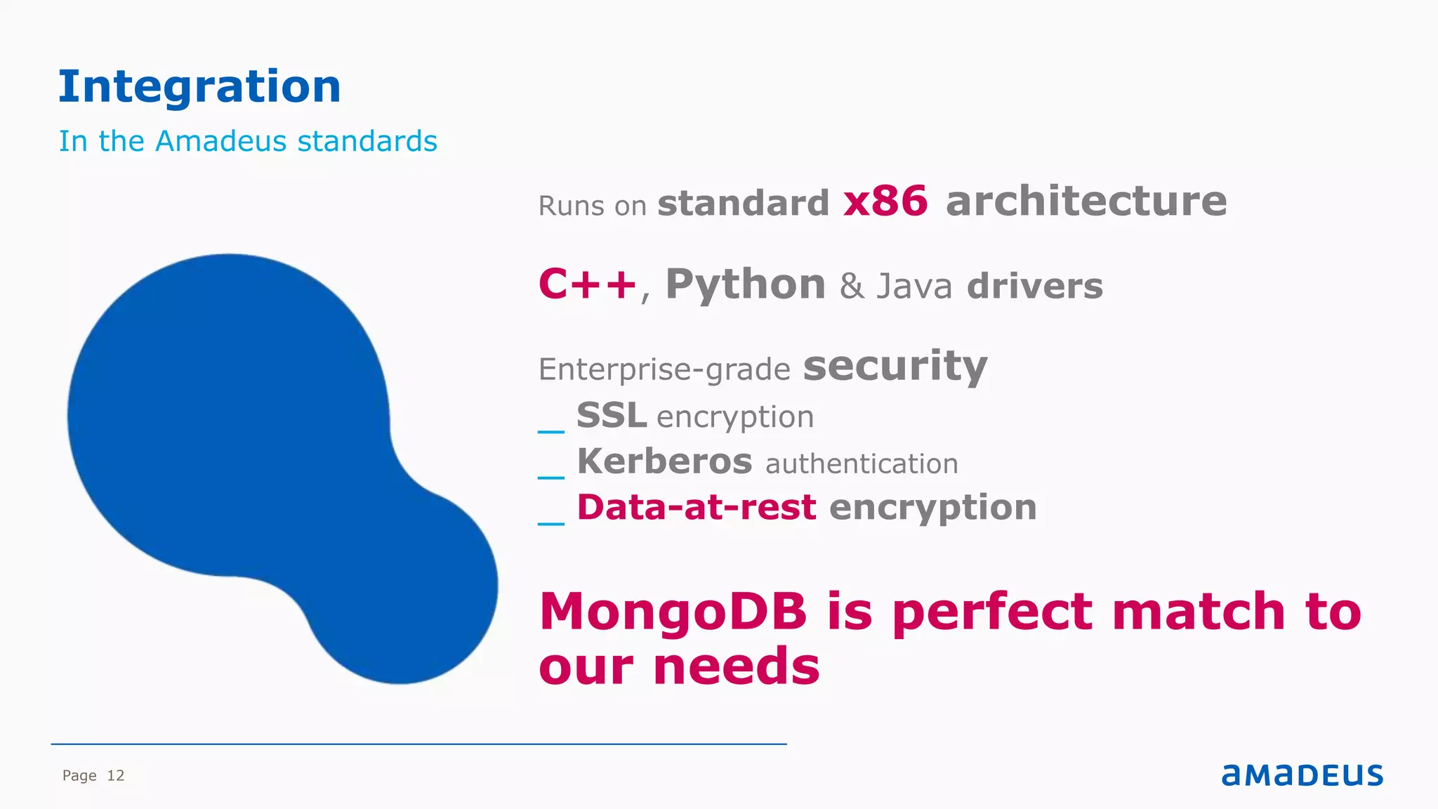 Page 12
Runs on standard x86 architecture
C++, Python & Java drivers
Enterprise-grade security
_ SSL encryption
_ Kerberos authentication
_ Data-at-rest encryption
MongoDB is perfect match to
our needs
Integration
In the Amadeus standards
 