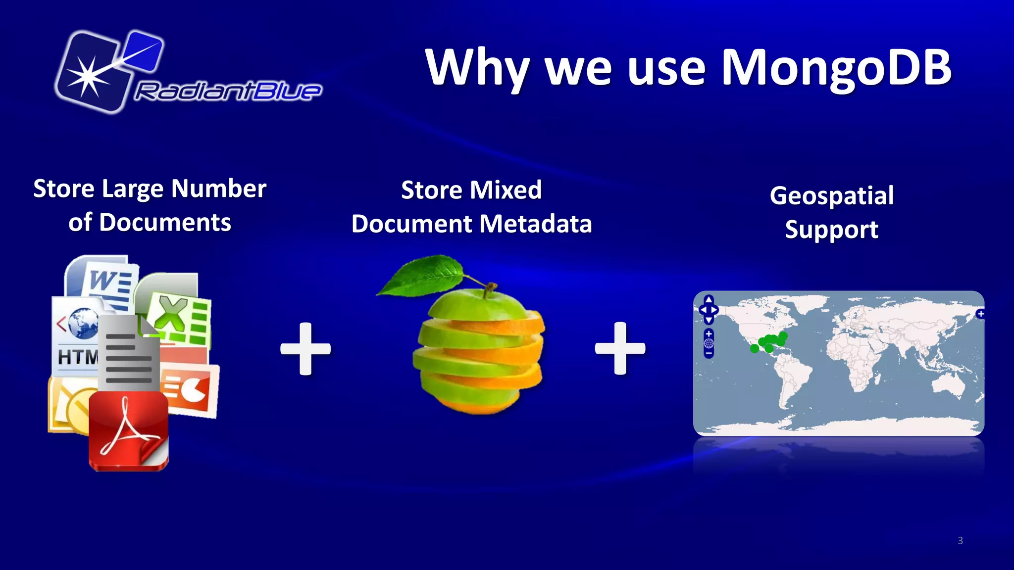 Why we use MongoDB

Store Large Number          Store Mixed      Geospatial
   of Documents          Document Metadata    Support




                     +                   +
                                                          3
 