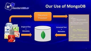 Our Use of MongoDB
                 Document
                                              { “_id”:
                 Processor                    "metadata" : {
                                                    “event”:”MongoDB DC 2013”,
                                                    “url”:”
                                              http://www.10gen.com/events/mon
                                              godb-washington-dc-2013”,
                                              }
Original Files               Extracted Text    "geo" : [
                                                  {
      +                            +                “place” : “Newseum”,
 Metadata                      Metadata              "location" : [-77.0194, 38.8930]
                                                 },
                                                 {
                                                    " place " : “Penn Quarter Sports
                                              Tavern",
                                                    "location" : [ -77.0215, 38.8942]
                                                 } ],
                                              ]}          spatial index created for geo.location




                                                                                         5
 