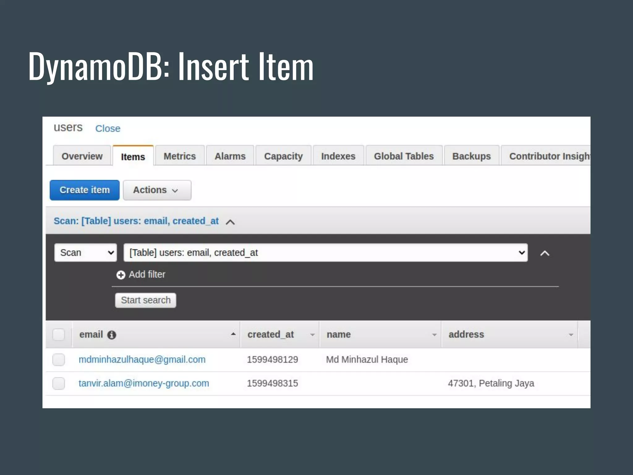 DynamoDB: Insert Item 