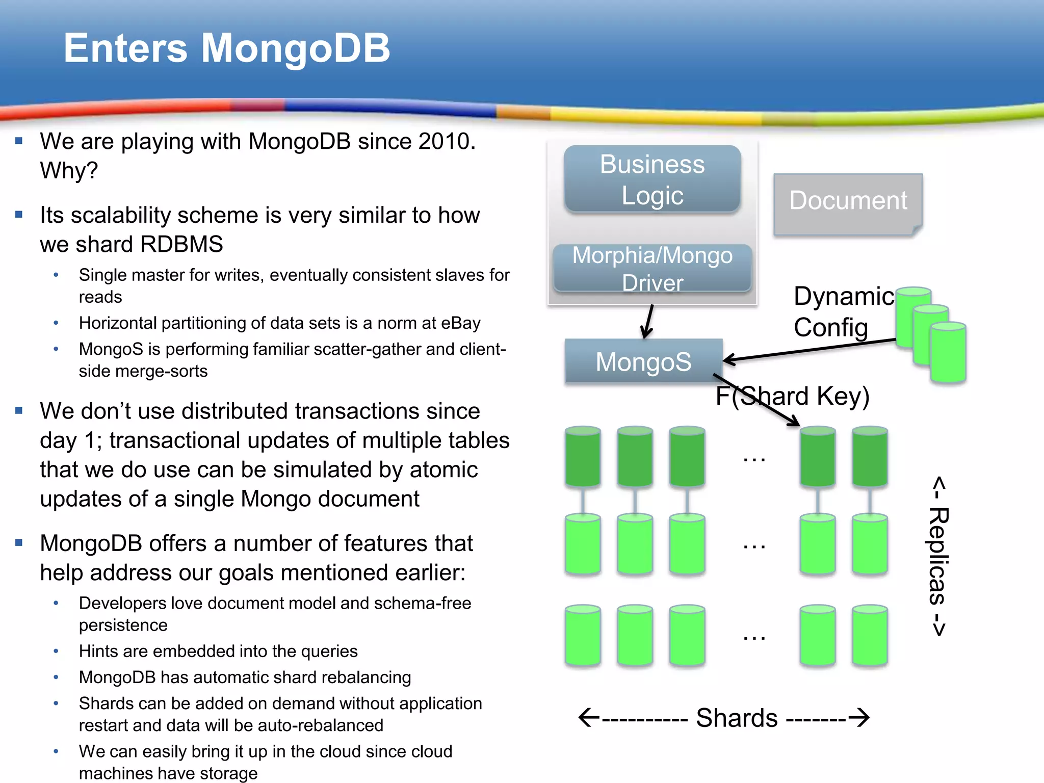 Enters MongoDB

 We are playing with MongoDB since 2010.
  Why?                                                                Business
                                                                       Logic            Document
 Its scalability scheme is very similar to how
  we shard RDBMS                                                    Morphia/Mongo
   •   Single master for writes, eventually consistent slaves for
                                                                        Driver
       reads                                                                            Dynamic
   •   Horizontal partitioning of data sets is a norm at eBay                           Config
   •   MongoS is performing familiar scatter-gather and client-
       side merge-sorts                                              MongoS
                                                                                 F(Shard Key)
 We don’t use distributed transactions since
  day 1; transactional updates of multiple tables
                                                                                    …
  that we do use can be simulated by atomic




                                                                                                   <- Replicas ->
  updates of a single Mongo document
 MongoDB offers a number of features that                                          …
  help address our goals mentioned earlier:
   •   Developers love document model and schema-free
       persistence
                                                                                    …
   •   Hints are embedded into the queries
   •   MongoDB has automatic shard rebalancing
   •   Shards can be added on demand without application
       restart and data will be auto-rebalanced                     ---------- Shards -------
   •   We can easily bring it up in the cloud since cloud
       machines have storage
 