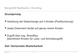 codecentric AG 26
MongoDB Replikation: Sharding
Grundprinzip
 Verteilung der Datenmenge auf n Knoten (Partitionierung)
 Jedes Dokument landet auf genau einem Knoten
 Zugriff über sog. ShardKey
(identifiziert Knoten für Lese- und Schreibzugriff)
Ziel: Horizontale Skalierbarkeit

 