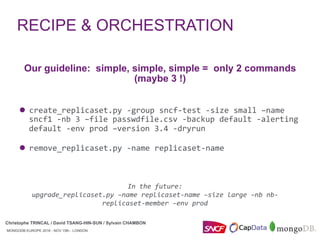 MONGODB EUROPE 2016 - NOV 15th - LONDON
Christophe TRINCAL / David TSANG-HIN-SUN / Sylvain CHAMBON
Our guideline: simple, simple, simple = only 2 commands
(maybe 3 !)
l  create_replicaset.py	-group	sncf-test	-size	small	–name	
sncf1	-nb	3	–file	passwdfile.csv	-backup	default	-alerting	
default	-env	prod	–version	3.4	-dryrun
l  remove_replicaset.py	-name	replicaset-name	
	
RECIPE & ORCHESTRATION
MONGODB EUROPE 2016 - NOV 15th - LONDON
In	the	future:		
upgrade_replicaset.py	–name	replicaset-name	–size	large	–nb	nb-
replicaset-member	–env	prod	
Christophe TRINCAL / David TSANG-HIN-SUN / Sylvain CHAMBON
 