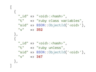 [
    {
      "_id"   =>   "<oid>:<hash>",
      "t"     =>   "ruby class variables",
      "sid"   =>   BSON::ObjectId('<oid>'),
      "v"     =>   352
    },
    {
      "_id"   =>   "<oid>:<hash>",
      "t"     =>   "ruby unless",
      "sid"   =>   BSON::ObjectId('<oid>'),
      "v"     =>   347
    },
]
 