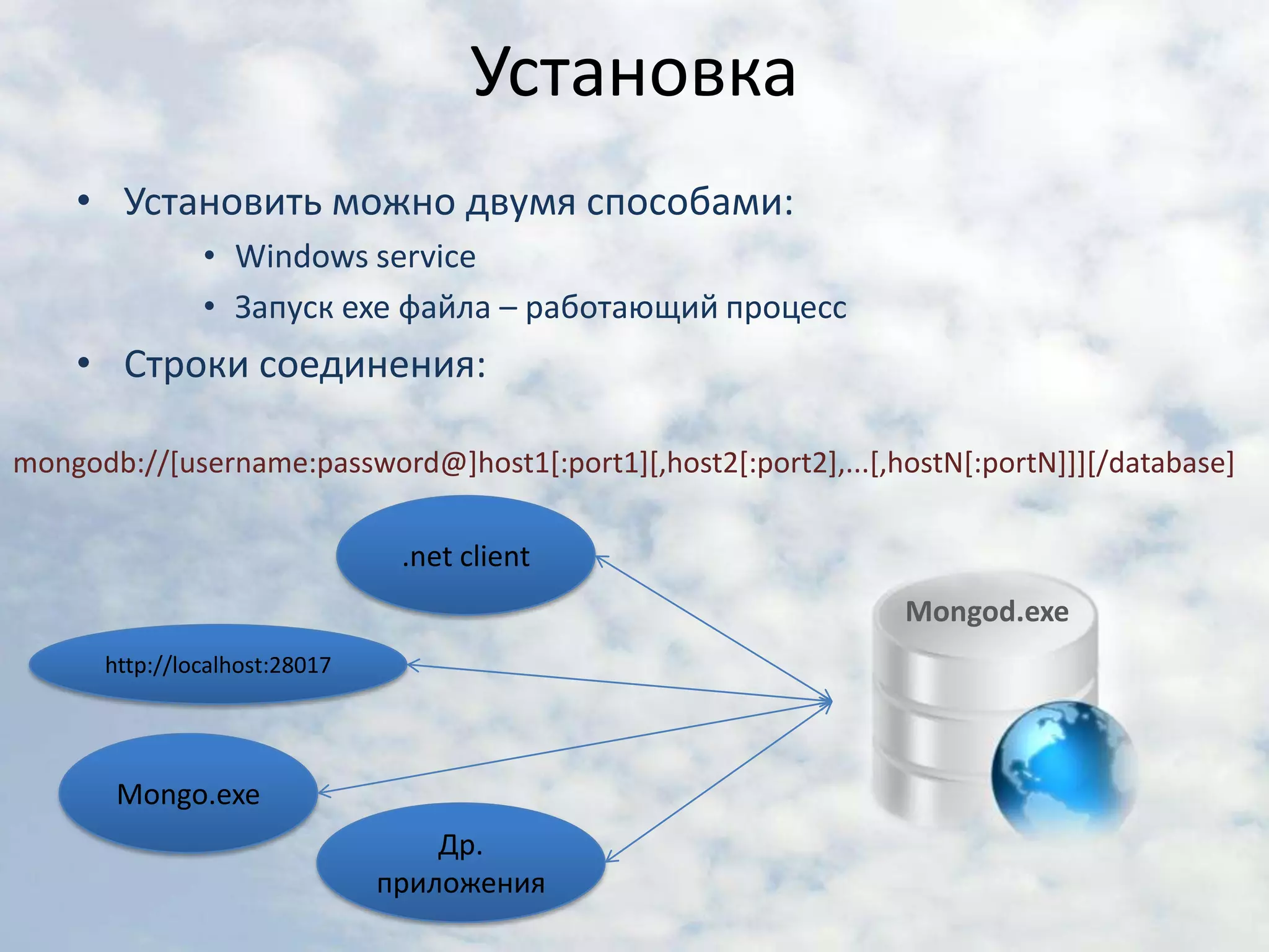 УстановкаУстановить можно двумя способами:Windows serviceЗапуск exe файла – работающий процессСтроки соединения: mongodb://[username:password@]host1[:port1][,host2[:port2],...[,hostN[:portN]]][/database].net clientMongod.exehttp://localhost:28017Mongo.exeДр. приложения