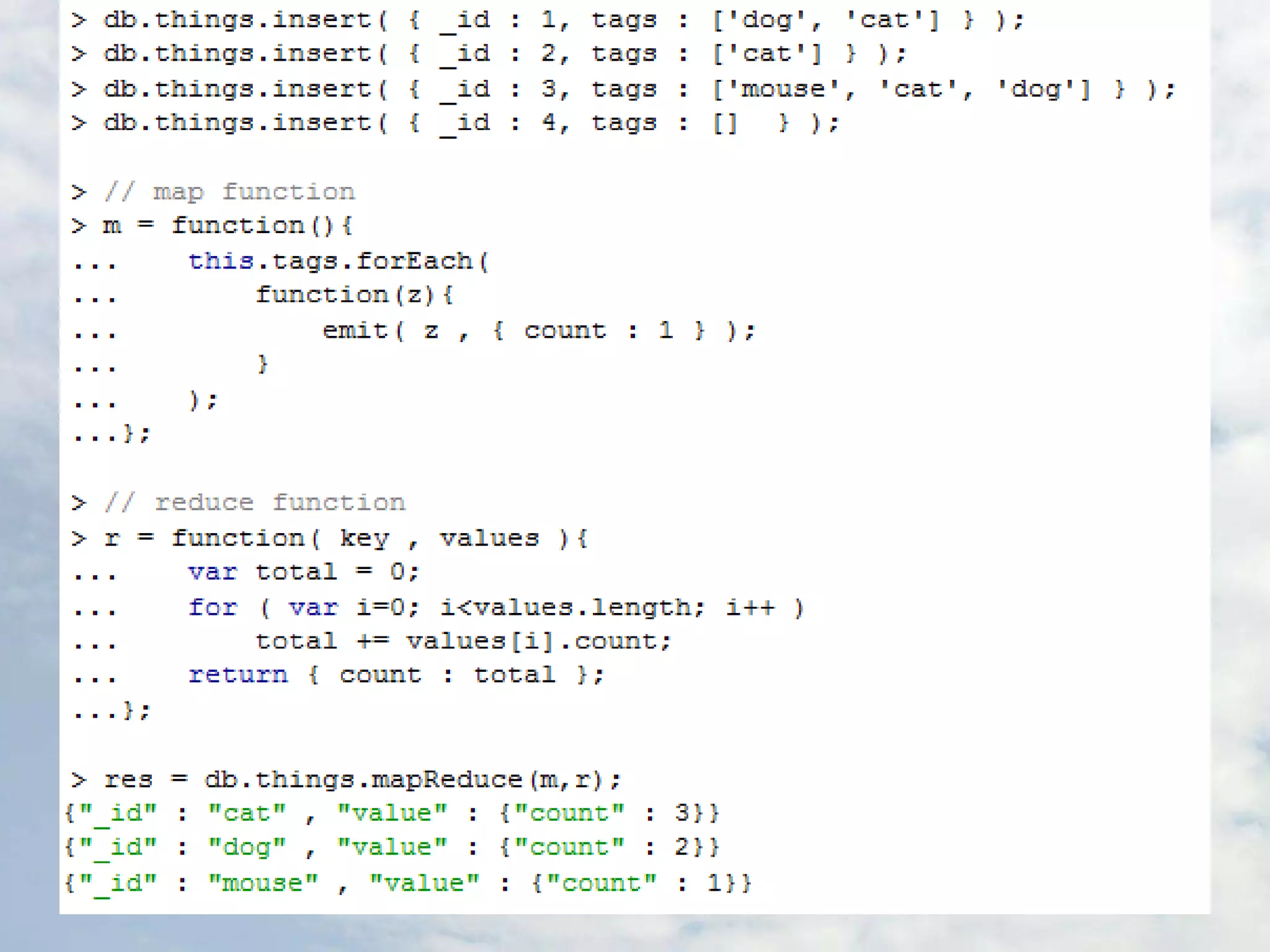 db.serverStatus()globalLock – время блокированияmem – количество занятой памяти в мегабайтахconnections – кол-во соединенийbackgroundFlushing – информация о скидывании файлов на дискopcounters – информация об операциях