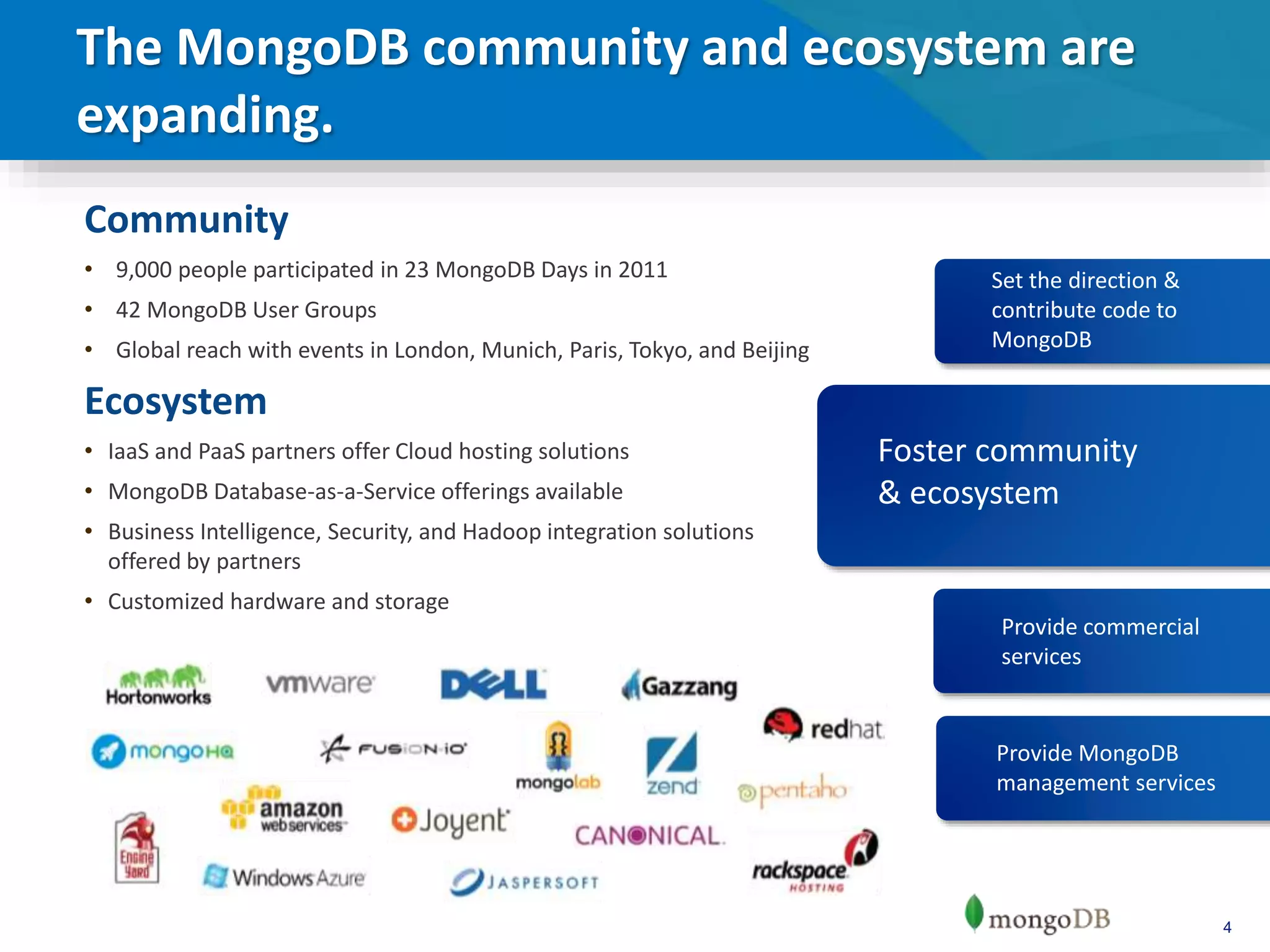 4
Community
• 9,000 people participated in 23 MongoDB Days in 2011
• 42 MongoDB User Groups
• Global reach with events in London, Munich, Paris, Tokyo, and Beijing
Ecosystem
• IaaS and PaaS partners offer Cloud hosting solutions
• MongoDB Database-as-a-Service offerings available
• Business Intelligence, Security, and Hadoop integration solutions
offered by partners
• Customized hardware and storage
The MongoDB community and ecosystem are
expanding.
Set the direction &
contribute code to
MongoDB
Foster community
& ecosystem
Provide MongoDB
management services
Provide commercial
services
 