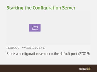 mongod --configsvr 
Starts a configuration server on the default port (27019) 
Starting the Configuration Server 
 