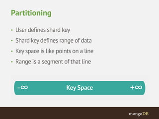 Partitioning 
• User defines shard key 
• Shard key defines range of data 
• Key space is like points on a line 
• Range is a segment of that line 
 