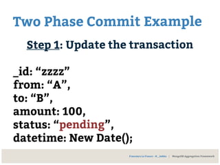 Two Phase Commit Example
Step 1: Update the transaction
_id: “zzzz”
from: “A”,
to: “B”,
amount: 100,
status: “pending”,
datetime: New Date();
Francesco Lo Franco - @__kekko | MongoDB Aggregation Framework
 