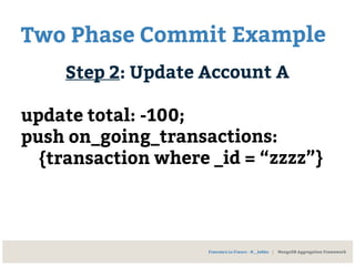 Two Phase Commit Example
Step 2: Update Account A
update total: -100;
push on_going_transactions:
{transaction where _id = “zzzz”}
Francesco Lo Franco - @__kekko | MongoDB Aggregation Framework
 