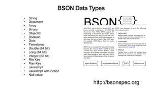 BSON Data Types
•  String
•  Document
•  Array
•  Binary
•  ObjectId
•  Boolean
•  Date
•  Timestamp
•  Double (64 bit)
•  Long (64 bit)
•  Integer (32 bit)
•  Min Key
•  Max Key
•  Javascript
•  Javascript with Scope
•  Null value
http://bsonspec.org
 