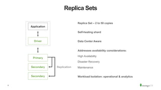 8
Replica Sets
Replica Set – 2 to 50 copies
Self-healing shard
Data Center Aware
Addresses availability considerations:
High Availability
Disaster Recovery
Maintenance
Workload Isolation: operational & analytics
 