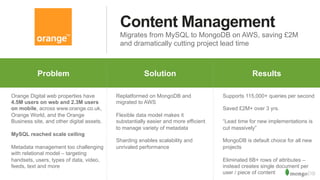 Content Management
Migrates from MySQL to MongoDB on AWS, saving £2M
and dramatically cutting project lead time
Problem% Why%MongoDB% Results%Problem Solution Results
Orange Digital web properties have
4.5M users on web and 2.3M users
on mobile, across www.orange.co.uk,
Orange World, and the Orange
Business site, and other digital assets.
MySQL reached scale ceiling
Metadata management too challenging
with relational model – targeting
handsets, users, types of data, video,
feeds, text and more
Replatformed on MongoDB and
migrated to AWS
Flexible data model makes it
substantially easier and more efficient
to manage variety of metadata
Sharding enables scalability and
unrivaled performance
Supports 115,000+ queries per second
Saved £2M+ over 3 yrs.
“Lead time for new implementations is
cut massively”
MongoDB is default choice for all new
projects
Eliminated 6B+ rows of attributes –
instead creates single document per
user / piece of content
 