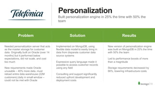 Personalization
Built personalization engine in 25% the time with 50% the
team
Problem% Why%MongoDB% Results%Problem Solution Results
Needed personalization server that acts
as the master storage for customer
data. Originally built on Oracle (over 14
months) but it performed below
expectations, did not scale, and cost
too much
New requirements made Oracle
unusable – 40% more data, must
reload entire data warehouse (22M
customers) daily in small window –
could not be met with Oracle
Implemented on MongoDB, using
flexible data model to easily bring in
data from disparate customer data
source systems
Expressive query language made it
possible to access customer records
using any field
Consulting and support significantly
reduced upfront development and
deployment costs
New version of personalization engine
was built on MongoDB in 25% the time
with 50% the team
Led to performance boosts of more
than a magnitude
Storage requirements decreased by
66%, lowering infrastructure costs
 