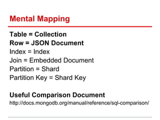 Mental Mapping
Table = Collection
Row = JSON Document
Index = Index
Join = Embedded Document
Partition = Shard
Partition Key = Shard Key
Useful Comparison Document
http://docs.mongodb.org/manual/reference/sql-comparison/
 