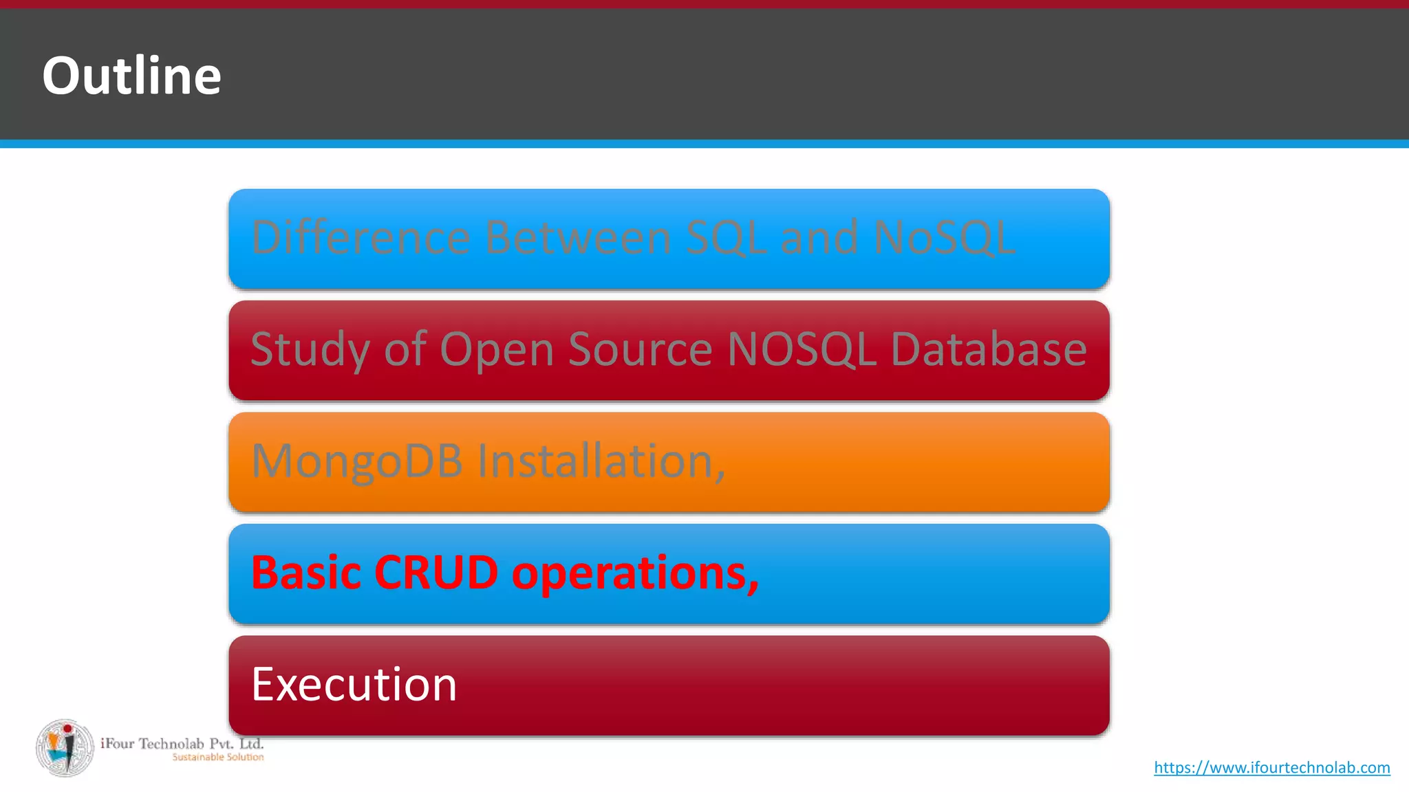 Outline Difference Between SQL and NoSQL Study of Open Source NOSQL Database MongoDB Installation, Basic CRUD operations, Execution https://www.ifourtechnolab.com 