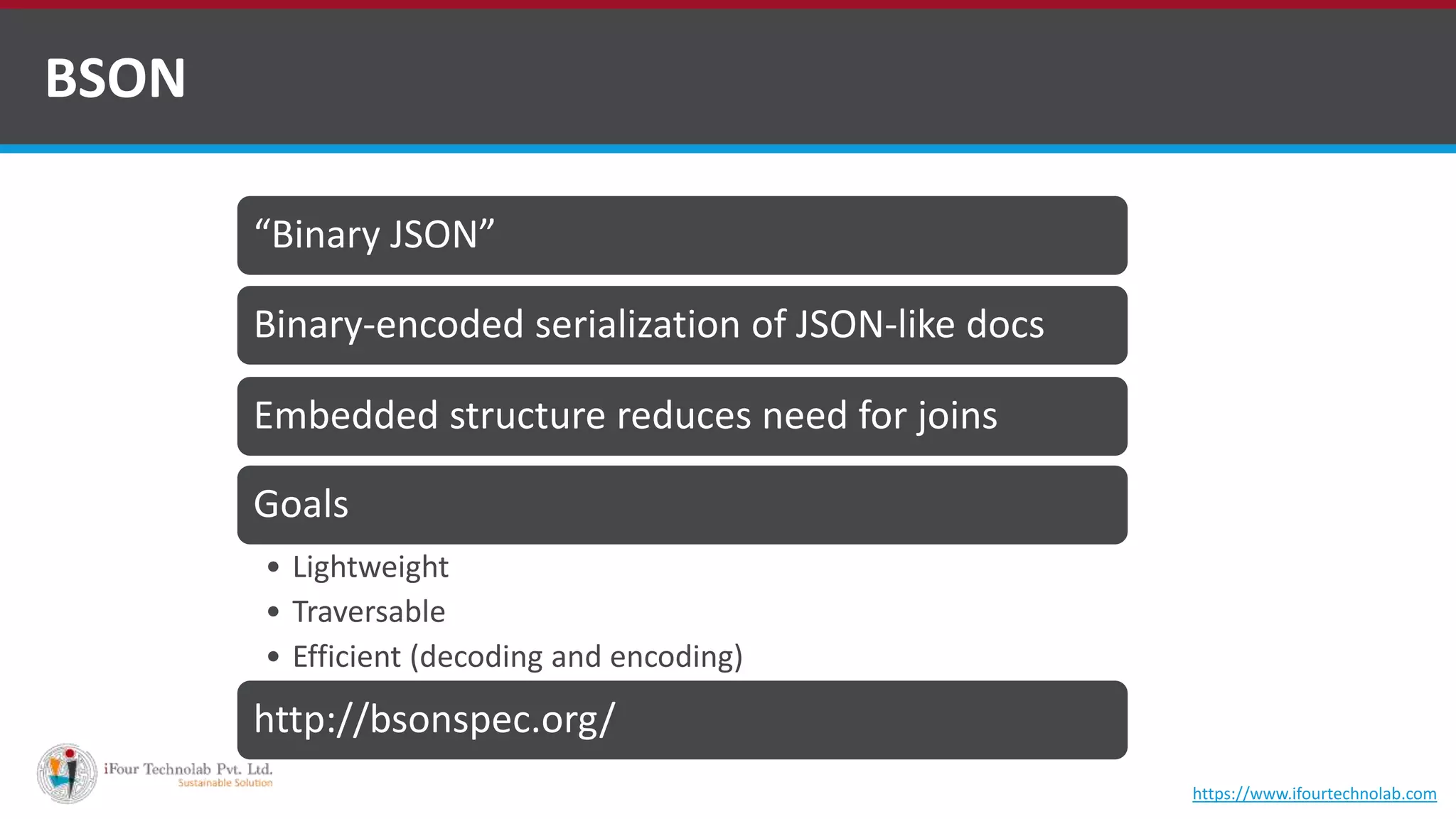 BSON “Binary JSON” Binary-encoded serialization of JSON-like docs Embedded structure reduces need for joins Goals • Lightweight • Traversable • Efficient (decoding and encoding) http://bsonspec.org/ https://www.ifourtechnolab.com 