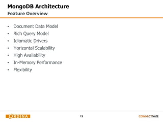 13
MongoDB Architecture
▪ Document Data Model
▪ Rich Query Model
▪ Idiomatic Drivers
▪ Horizontal Scalability
▪ High Availability
▪ In-Memory Performance
▪ Flexibility
Feature Overview
 