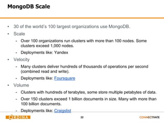 22
MongoDB Scale
▪ 30 of the world’s 100 largest organizations use MongoDB.
▪ Scale
- Over 100 organizations run clusters with more than 100 nodes. Some
clusters exceed 1,000 nodes.
- Deployments like: Yandex
▪ Velocity
- Many clusters deliver hundreds of thousands of operations per second
(combined read and write).
- Deployments like: Foursquare
▪ Volume
- Clusters with hundreds of terabytes, some store multiple petabytes of data.
- Over 150 clusters exceed 1 billion documents in size. Many with more than
100 billion documents.
- Deployments like: Craigslist
 