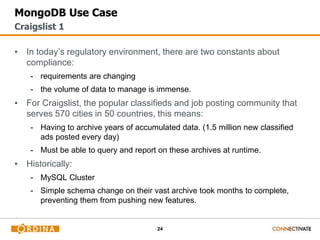 24
MongoDB Use Case
▪ In today’s regulatory environment, there are two constants about
compliance:
- requirements are changing
- the volume of data to manage is immense.
▪ For Craigslist, the popular classifieds and job posting community that
serves 570 cities in 50 countries, this means:
- Having to archive years of accumulated data. (1.5 million new classified
ads posted every day)
- Must be able to query and report on these archives at runtime.
▪ Historically:
- MySQL Cluster
- Simple schema change on their vast archive took months to complete,
preventing them from pushing new features.
Craigslist 1
 
