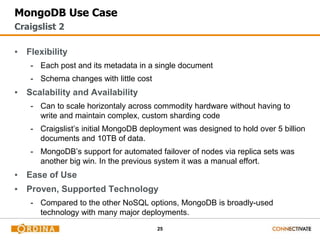 25
MongoDB Use Case
▪ Flexibility
- Each post and its metadata in a single document
- Schema changes with little cost
▪ Scalability and Availability
- Can to scale horizontaly across commodity hardware without having to
write and maintain complex, custom sharding code
- Craigslist’s initial MongoDB deployment was designed to hold over 5 billion
documents and 10TB of data.
- MongoDB’s support for automated failover of nodes via replica sets was
another big win. In the previous system it was a manual effort.
▪ Ease of Use
▪ Proven, Supported Technology
- Compared to the other NoSQL options, MongoDB is broadly-used
technology with many major deployments.
Craigslist 2
 