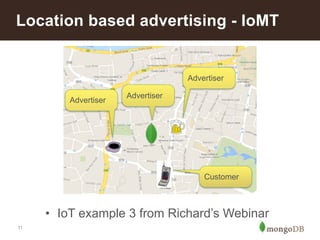 Location based advertising - IoMT 
11 
! 
! 
Advertiser 
! 
Advertiser Advertiser 
! 
! 
! 
! 
Customer 
! 
• IoT example 3 from Richard’s Webinar 
 