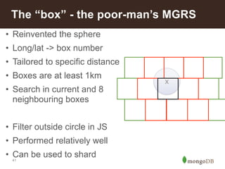 The “box” - the poor-man’s MGRS 
x 
• Reinvented the sphere 
• Long/lat -> box number 
• Tailored to specific distance 
• Boxes are at least 1km 
• Search in current and 8 
neighbouring boxes 
! 
• Filter outside circle in JS 
• Performed relatively well 
• Can be used to shard 
41 
 