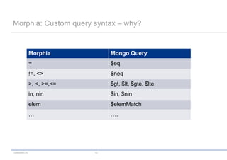 Morphia: Custom query syntax – why?


                 Morphia            Mongo Query
                 =                  $eq
                 !=, <>             $neq
                 >, <, >=,<=        $gt, $lt, $gte, $lte
                 in, nin            $in, $nin
                 elem               $elemMatch
                 …                  ….




codecentric AG                 42
 