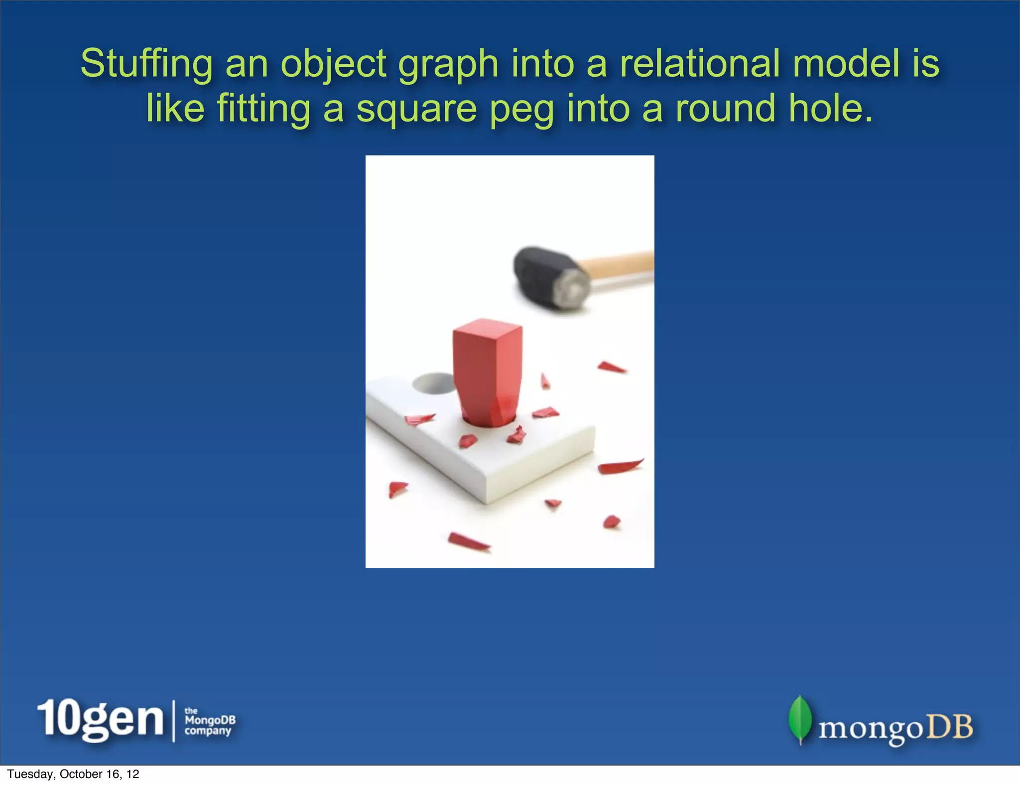 Stuffing an object graph into a relational model is
                like fitting a square peg into a round hole.




Tuesday, October 16, 12
 