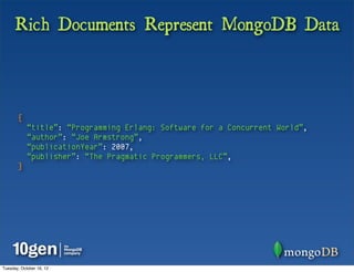 Rich Documents Represent MongoDB Data



       {
            “title”: “Programming Erlang: Software for a Concurrent World”,
            “author”: “Joe Armstrong”,
            “publicationYear”: 2007,
            “publisher”: “The Pragmatic Programmers, LLC”,
       }




Tuesday, October 16, 12
 