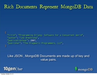 Rich Documents Represent MongoDB Data



       {
            “title”: “Programming Erlang: Software for a Concurrent World”,
            “author”: “Joe Armstrong”,
            “publicationYear”: 2007,
            “publisher”: “The Pragmatic Programmers, LLC”,
       }



            Like JSON , MongoDB Documents are made up of key and
                                value pairs.



Tuesday, October 16, 12
 