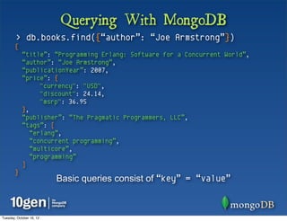 Querying With MongoDB
        > db.books.find({“author”: “Joe Armstrong”})
       {
            “title”: “Programming Erlang: Software for a Concurrent World”,
            “author”: “Joe Armstrong”,
            “publicationYear”: 2007,
            “price”: {
                  "currency": "USD",
                  "discount": 24.14,
                  "msrp": 36.95
            },
            “publisher”: “The Pragmatic Programmers, LLC”,
            “tags”: [
               “erlang”,
               “concurrent programming”,
               “multicore”,
               “programming”
            ]
       }
                          Basic queries consist of “key” = “value”



Tuesday, October 16, 12
 