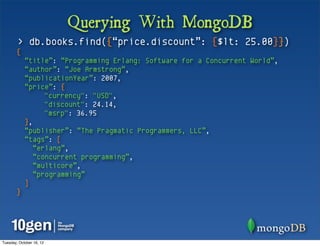 Querying With MongoDB
        > db.books.find({“price.discount”: {$lt: 25.00}})
       {
            “title”: “Programming Erlang: Software for a Concurrent World”,
            “author”: “Joe Armstrong”,
            “publicationYear”: 2007,
            “price”: {
                  "currency": "USD",
                  "discount": 24.14,
                  "msrp": 36.95
            },
            “publisher”: “The Pragmatic Programmers, LLC”,
            “tags”: [
               “erlang”,
               “concurrent programming”,
               “multicore”,
               “programming”
            ]
       }




Tuesday, October 16, 12
 