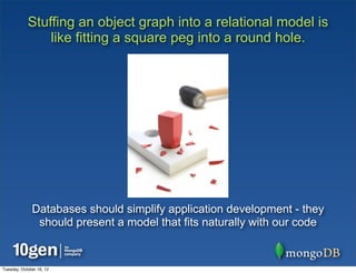 Stuffing an object graph into a relational model is
                like fitting a square peg into a round hole.




              Databases should simplify application development - they
               should present a model that fits naturally with our code


Tuesday, October 16, 12
 