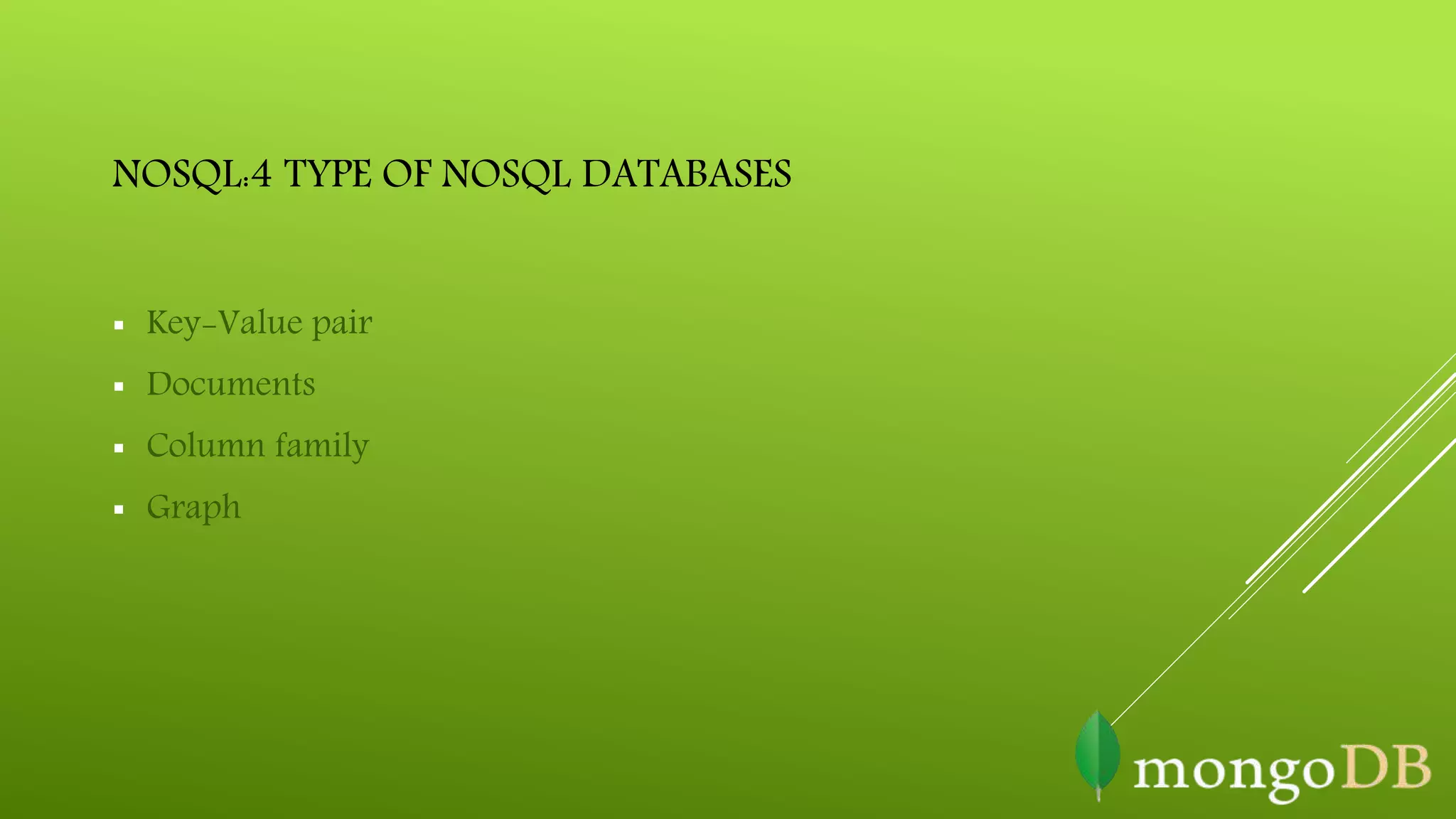 NOSQL:4 TYPE OF NOSQL DATABASES
 Key-Value pair
 Documents
 Column family
 Graph
 