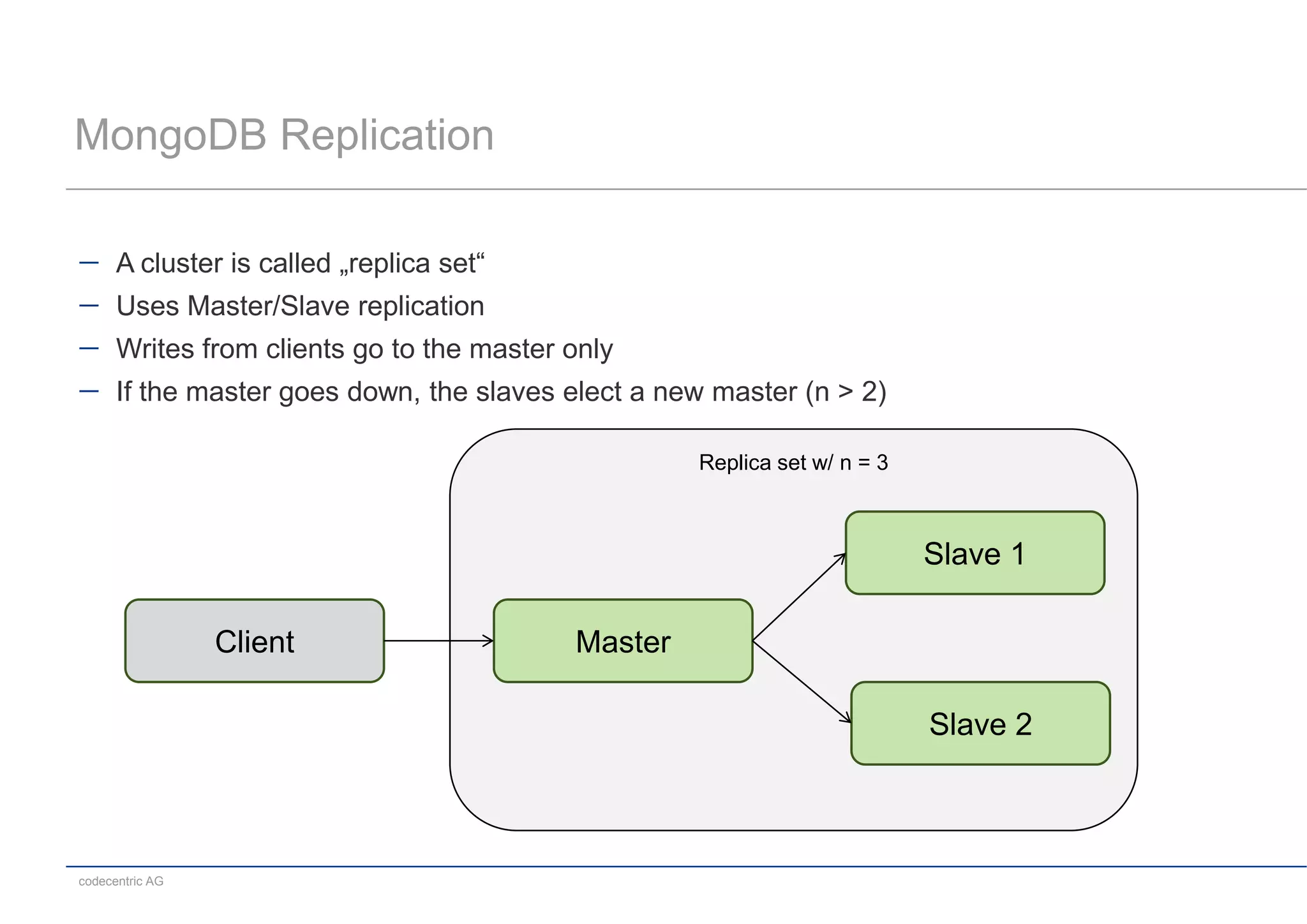 MongoDB Replication

      A cluster is called „replica set“
      Uses Master/Slave replication
      Writes from clients go to the master only
      If the master goes down, the slaves elect a new master (n > 2)

                                                    Replica set w/ n = 3



                                                                           Slave 1

                 Client                    Master

                                                                           Slave 2



codecentric AG
 
