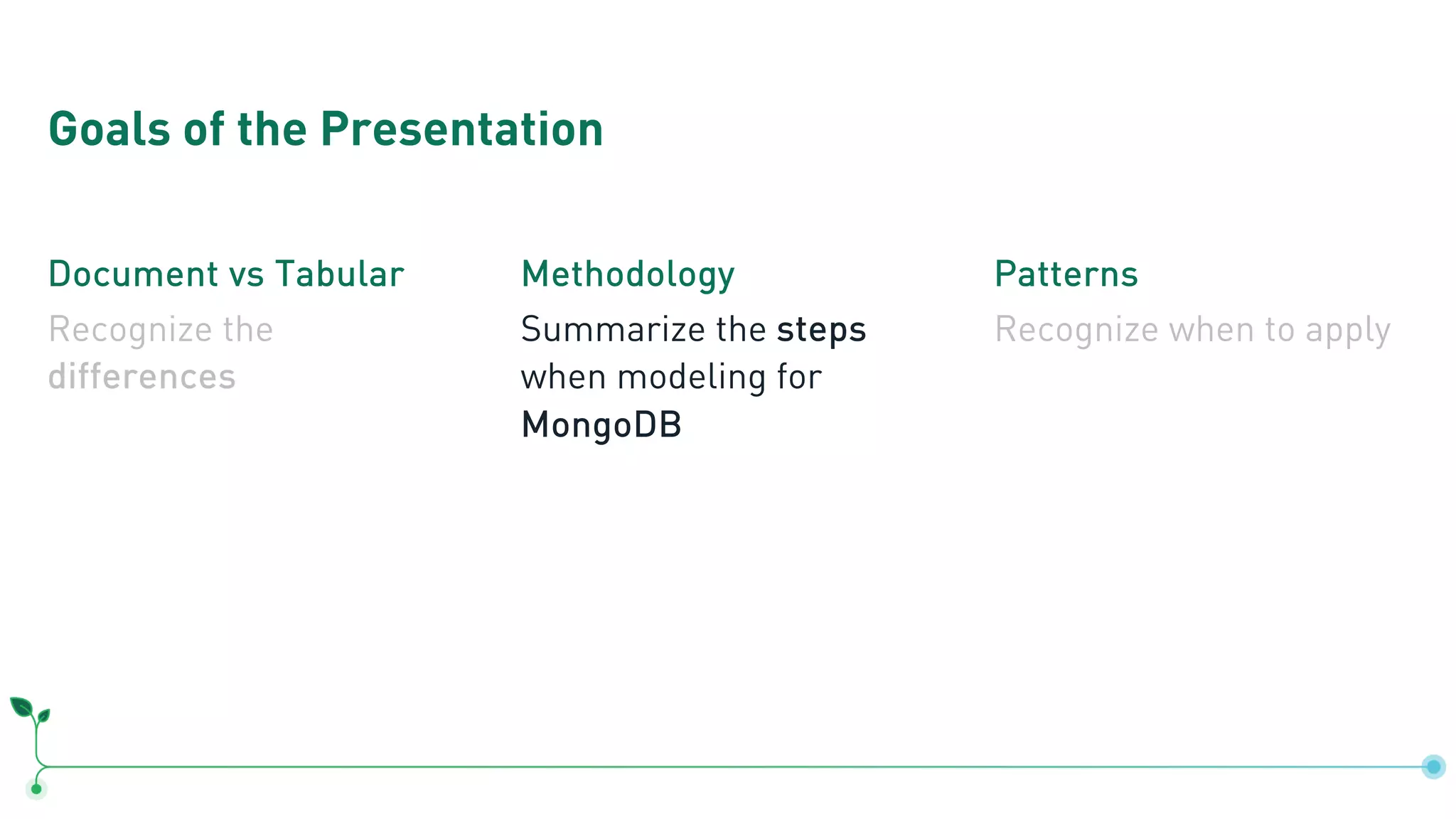 Goals of the Presentation Document vs Tabular Recognize the differences Methodology Summarize the steps when modeling for MongoDB Patterns Recognize when to apply 
