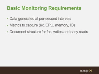 Basic Monitoring Requirements 
• Data generated at per-second intervals 
• Metrics to capture (ex. CPU, memory, IO) 
• Document structure for fast writes and easy reads 
 