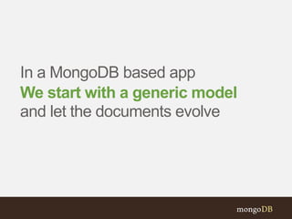 In a MongoDB based app 
We start with a generic model 
and let the documents evolve 
 