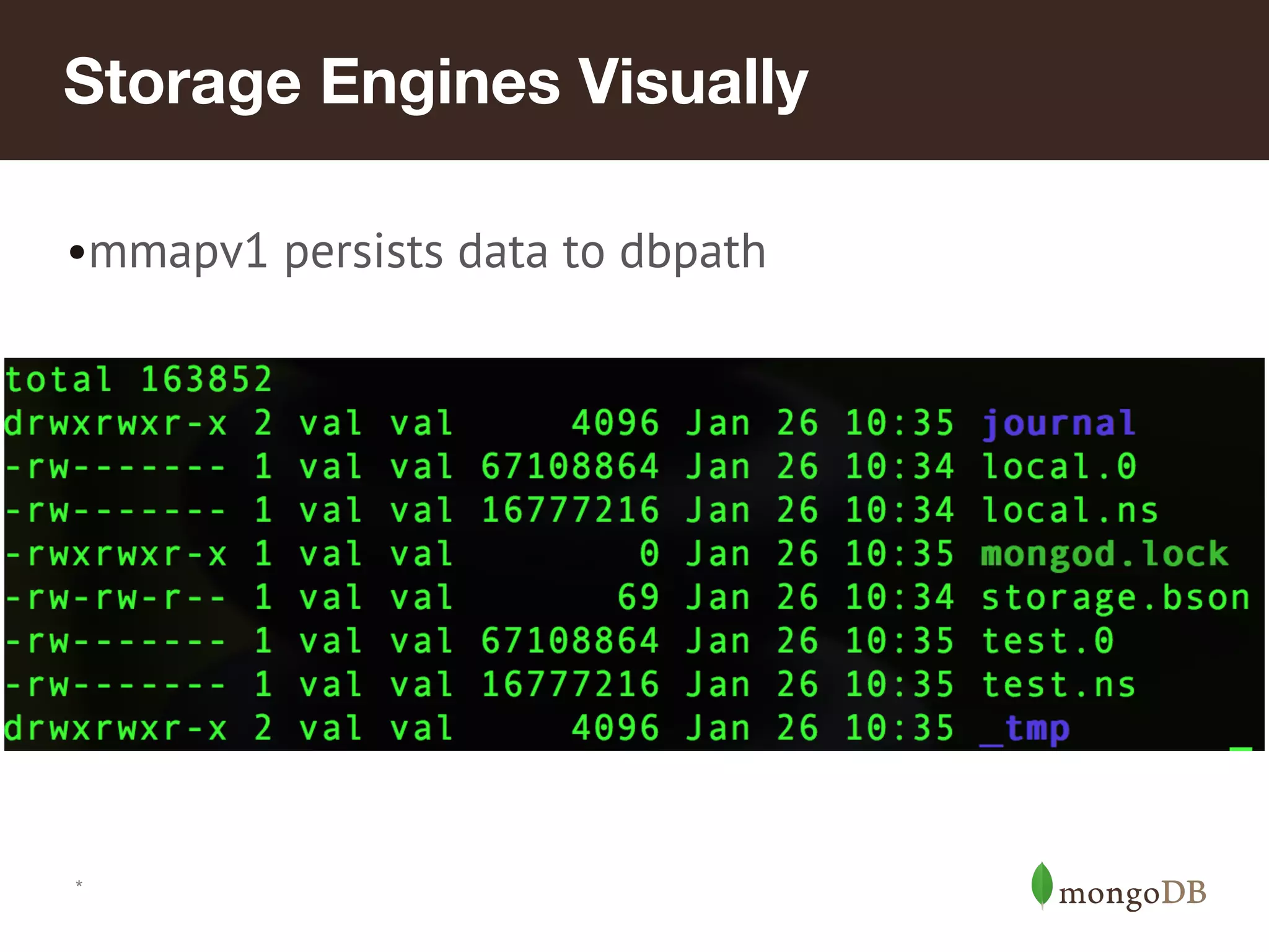 *
Storage Engines Visually
•mmapv1 persists data to dbpath
 